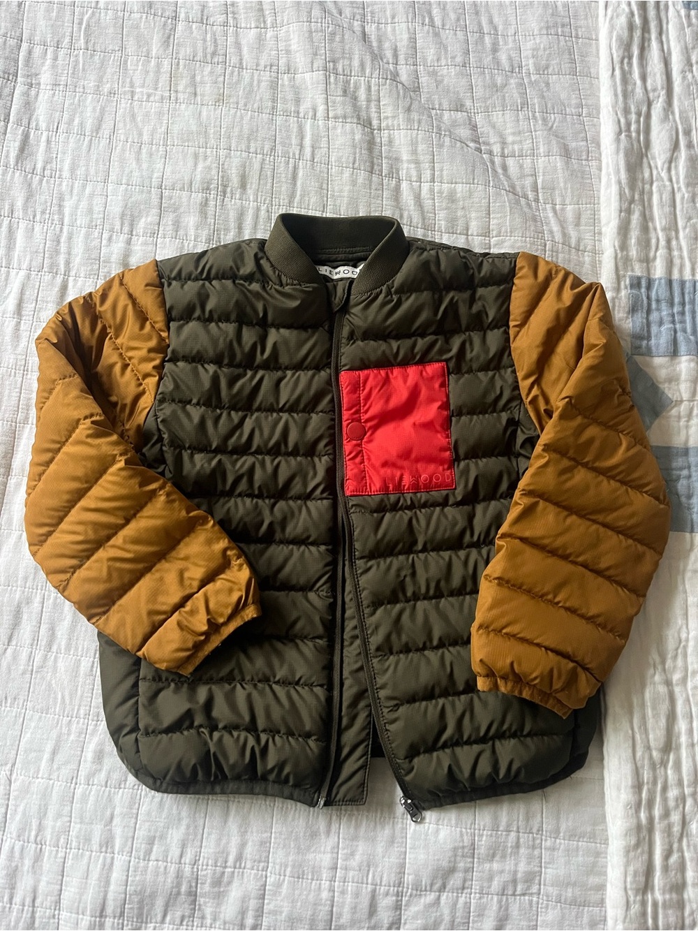 Liewood Olive Green and Mustard Puffer Jacket with Red Pocket